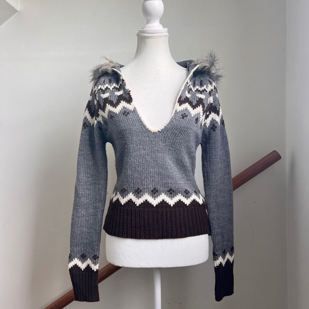 Vintage 90s Energie Fair Isle Faux Fur Hooded Sweater Grey Y2K Gorpcore Preppy - Picture 6 of 10